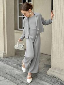 2 件套纽扣领短夹克和直筒连体裤套装 - 灰色 - 查看 3