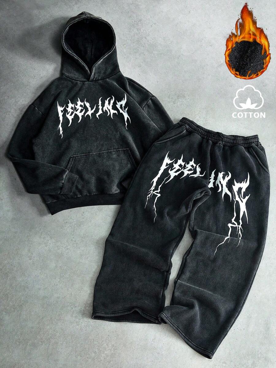 Manfinity EMRG Men's Street-Style Popular INS Matching Washed Vintage Dark Gothic Casual Outfit, Boyfriend/Husband Gift, Anniversary Gift, Fashionable Street Hoodie Set , Fall Clothes Winter - Black - View 1