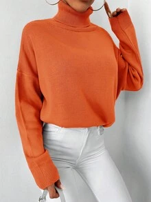 EURMUSE Turtleneck Drop Shoulder Sweater - Orange - View 4