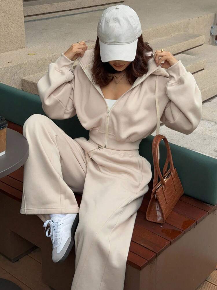 2pcs Women Casual Zip-Up Hoodie And Wide Leg Pants Set, Spring/Autumn Tracksuits Women Set Lounge Sets For Women