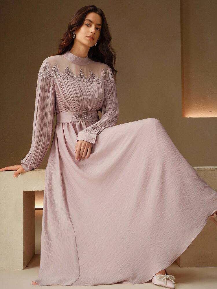 Anewsta Elegant Stand Collar Long Sleeve Lace Ruffle Beaded Pleated A-Line Dress For Women, Autumn