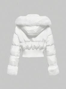 ROMWE Áo khoác ngắn đệm lông giả và đính đá Y2K cho nữ - trắng - Xem 2