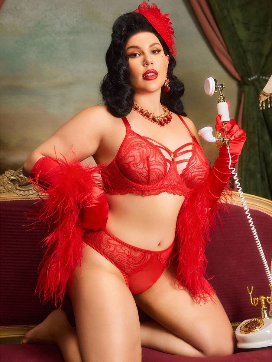 Conjunto de sujetador con aros y encaje para mujer de talla grande - Rojo - Ver 1