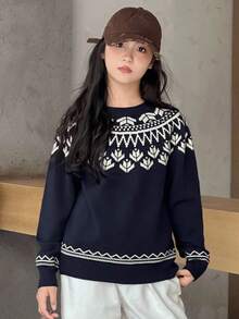 Dazy Kids Girls' Scoop Neck Long Sleeve Sweater, Autumn - Navy Blue - View 3