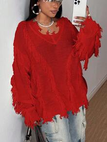 Maweii 大码女长袖纯色V领破洞针织衫宽松休闲日常通勤秋冬 - 紅色 - 查看 5