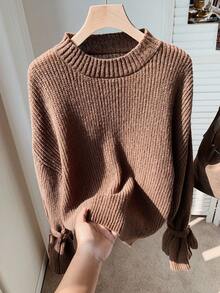 Comfortcana Plus Size Solid Color Round Neck Drop Shoulder Flare Sleeve Fashionable Ribbed Knit Pullover Sweater/Winter - Brown - View 6
