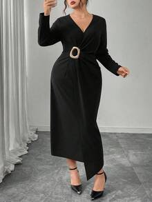 Modelyn Plus Size Women Metal Buckle Ruched Waist Long Sleeve Cross V-Neck Elegant Bodycon Dress, Suitable For Commute And Party Fall - Black - View 3