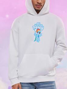 My Little Pony X SHEIN 男士休闲卡通马印花落肩连帽衫，秋季