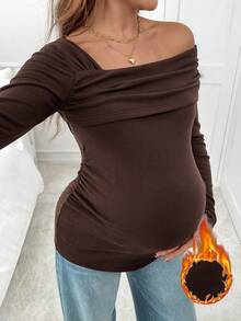 SHEIN Autumn And Winter Maternity Solid Color Ruched Off Shoulder Long Sleeve Fitted T-Shirt With Thermal Lined, Autumn Maternity Top Coffee Brown Top Brown Top Women Brown Long Sleeve Top Dark Brown Top