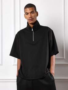 SUMWON Quarter Zip Mock Neck Short Sleeve Polo Classic Regular Fit Casual Office Work Business Minimal Dressy Winter Fall Spring Plain - Black - View 1