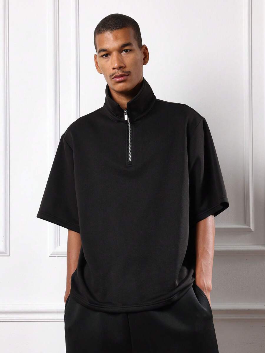 SUMWON Quarter Zip Mock Neck Short Sleeve Polo Classic Regular Fit Casual Office Work Business Minimal Dressy Winter Fall Spring Plain - Black - View 1