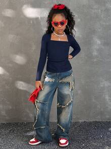 Coolane Tween Girls Fall Fashionable Snug Fit T-Shirt With Raglan Sleeves, U-Neck, Ruched Waist, Stretchy - Navy Blue - View 2