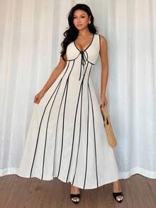 Rafferiza V领无袖撞色条纹束腰休闲连衣裙 - 杏色 - 查看 6