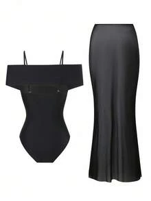 Swim Oasis 2pcs/Set Women One-Piece Swimsuit + Mesh Skirt Two Pieces Set, Off Shoulder, Starfish Decor, Solid Color, Fashionable Casual Vacation Swimwear, Spring/Summer