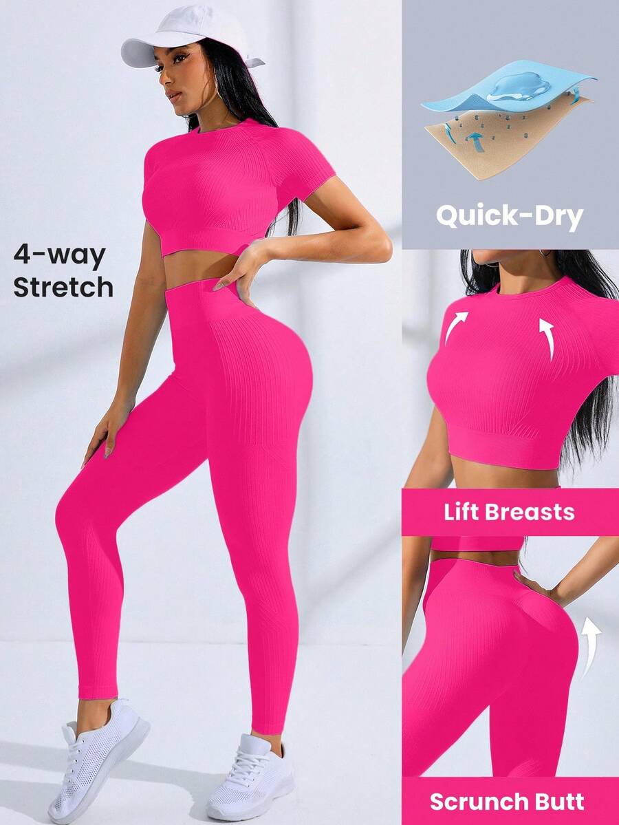 SHEIN Core Rhythm Bộ áo thun ngắn tay và quần legging thể thao co giãn liền mạch dành cho nữ - Màu Hồng Tươi - Xem 1