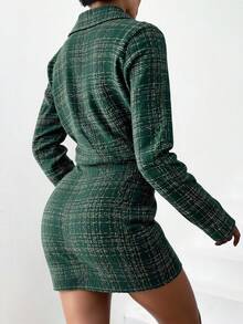 EURMUSE Plaid Pattern Double Breasted Crop Blazer & Skirt - Dark Green - View 2