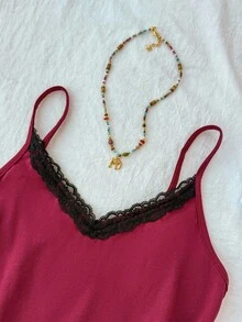 SHEIN Teen Girls Red & Black Lace Ballerina Style Camisole - Red - View 3