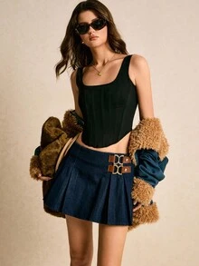Poéselle Váy ngắn denim xếp ly trang trí khóa cài thời trang nữ, váy denim tối màu, váy xanh đậm, váy ngắn xếp ly denim, váy denim xếp ly, váy denim có thắt lưng, váy mùa đông Giáng sinh cho nữ, váy đi biển mùa thu hè cho nữ. - Rửa tối - Xem 6