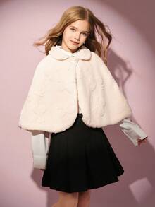 Girls' Casual Lapel Faux Fur Poncho Jacket,Bow Decor Jacquard Fabric Apricot Autumn Cool Girl Aesthetic Wedding Guest Outing Party School Travel - White - View 3