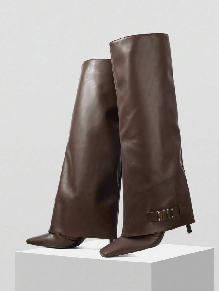 PLEATED PATENT LEATHER KNEE-HIGH RIDING BOOTS, SLIM TALL SHAFT STILETTO HEEL WOMEN BOOTS