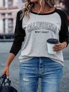 EMERY ROSE 大码女式字母图案拼色插肩袖T恤女式图案T恤上衣