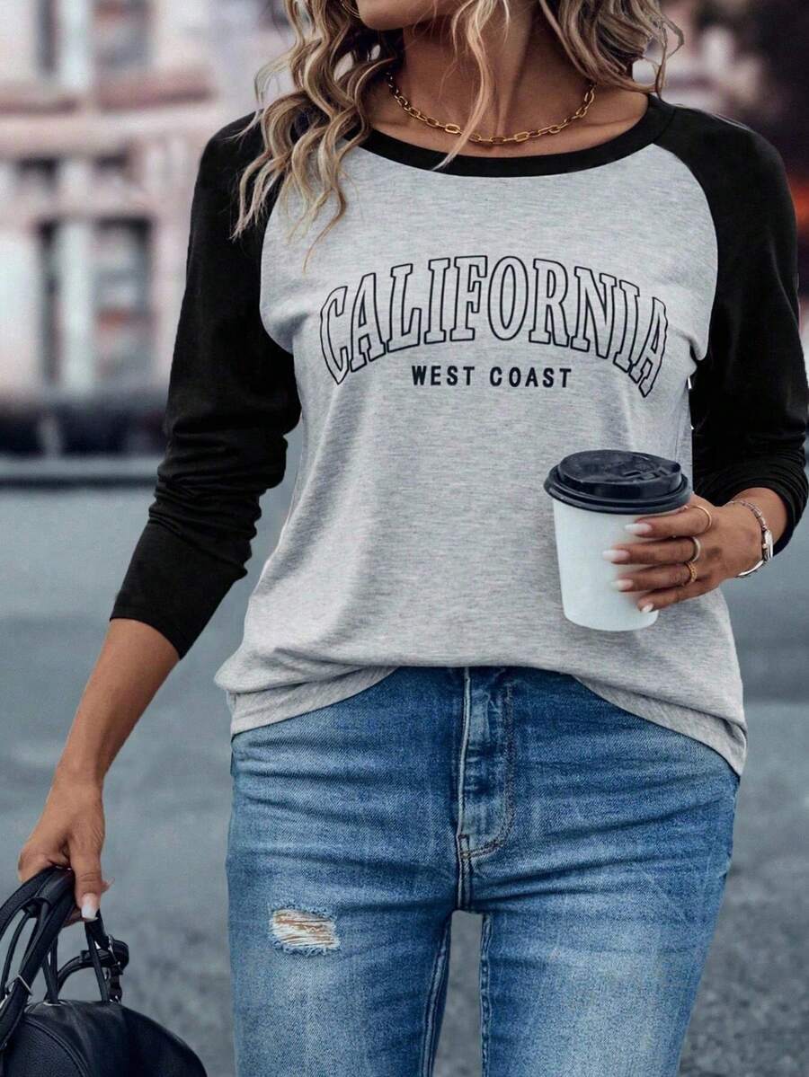 EMERY ROSE 大码女式字母图案拼色插肩袖T恤女式图案T恤上衣