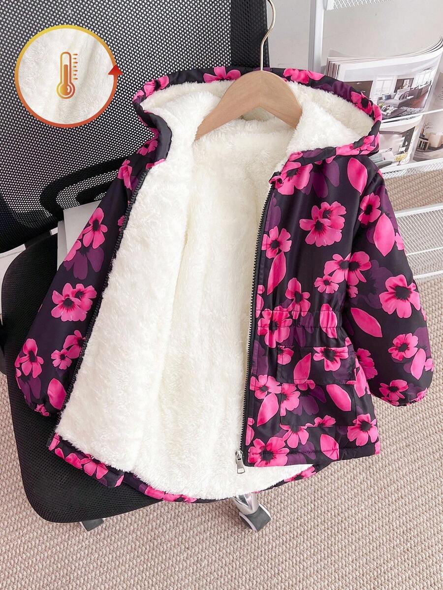 SHEIN Young Girls New Autumn/Winter Zip-Up Hooded Fashion Fleece Thick Digital Print Cute Sweet Cinched Waist Padded Coat, Winter Outerwear - Multicolor - View 1