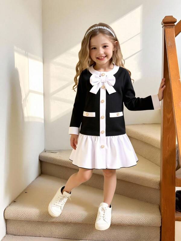 Young Girl' Black & White Patchwork Pearl Button Decor White Hem Dress Fall Winter Skirt Suit For Girls Girls Black Dress With White Cardigan Girl Uniform Clothes Black White Girl School Dress Simple Dresses For Girls Long Sleeve