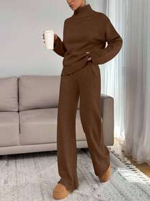 EURMUSE Women Relaxed Fit Turtle-Neck Sweater With Rib Knit Detailed And Straight Knit Pant Set - Brown - View 3