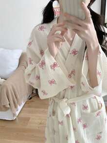 SHEIN 1件套浴袍浴袍晨袍女欧美简约长袖睡袍春秋新款甜美可爱小码大码浴袍全长粉色蝴蝶结长袖薄款纯色睡衣家居服 - 米色 - 查看 10