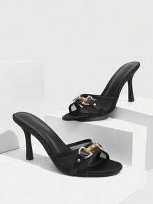 CUCCOO SZL 黑色缎面斜纹布和网眼拼布金扣时尚性感尖头高跟穆勒鞋 - 黑色 - 查看 2