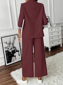 EMERY ROSE Women's Casual Commuter Striped Patchwork 3/4 Sleeve Jacket And Pants Suit Set, Autumn