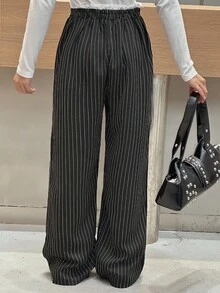 DAZY 青少年/青年女孩宽松直筒裤，拼色设计，休闲风格，秋季 - 黑色 - 查看 4