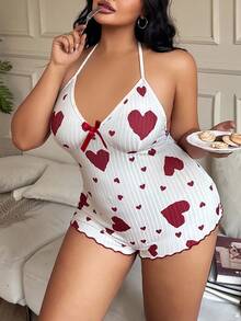 SHEIN ZzzCrew Macaquinho de Dormir com Decote em V Profundo e Estampa de Coração para Mulheres Plus Size