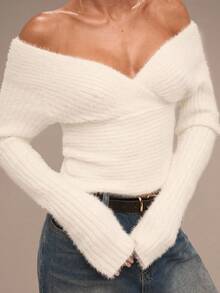 SHEIN BAE Women's Solid Color Minimalist Off-Shoulder Long Sleeve Sweater, Everyday Wear,Winter,Women's Winter Clothes , Fall Clothes For Women,Autumn Outfits For Women,Autumn Clothes For Women,Women's Winter Sweater ,Halloween ,Halloween Costume For Women,Christmas ,Christmas Sweater, Christmas Clothes For Women,New Year ,Party ,Elegant ,Casual,Fluffy Tops, Sexy Sweaters, Sexy White Sweaters, White Casual Sweaters, White Knit Top,Cozy Fall And Winter Clothes For Women