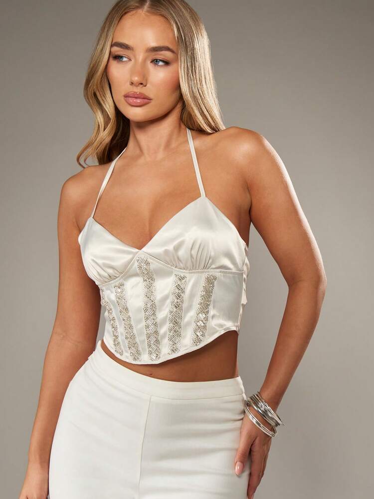 MISSGUIDED Embellished White Satin Corset Top Halter Neck Bustier Design Crystal Beaded Evening Party Holiday Wedding Guest Glamour Night Out Club Wear