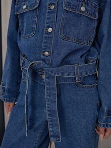 MUSERA 系带纽扣牛仔衬衫外套，优雅可爱性感街头风，适合秋季、夜晚外出、冬季、春夏穿着。 - 中等水洗藍 - 查看 6