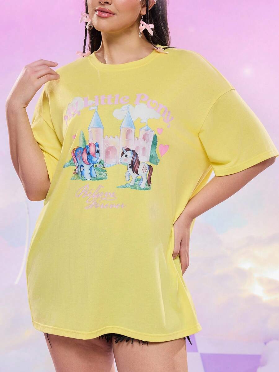 My Little Pony X SHEIN Áo thun tay ngắn in hình ngựa con dễ thương cỡ lớn, thường ngày mùa hè - Màu vàng - Xem 1