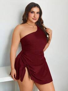 Swim Lushoire 大码纯色连体泳衣 - 酒紅色 - 查看 7