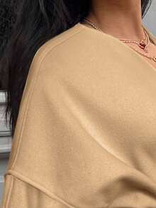 SHEIN EZwear 秋冬女士时尚优雅纯色落肩长袖系腰羊毛混纺大衣 - 駝色 - 查看 7