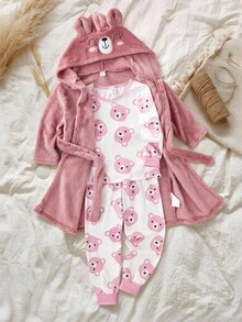 女童抓绒睡衣套装，包含长袖上衣、裤子和睡袍，印有可爱小熊图案，适合秋冬季穿着。 - 粉色 - 查看 6