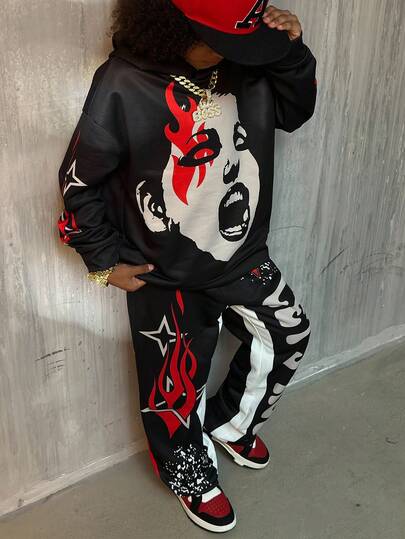 Coolane 青少年男童秋季服装，街头风暗黑哥特黑红撞色涂鸦连帽衫卫衣裤套装，万圣节，图案，色彩鲜艳，哥特风，返校季，校园上衣，万圣节