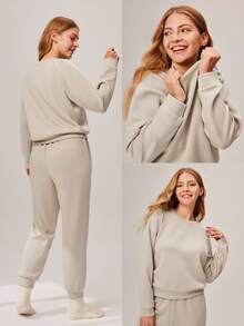 LUVLETTE Autumn And Winter Winter Classic Crewneck Basics Pajama Loungewear Sweatshirt Casual Comfy Outfits Activewear Lingerie As Outerwear Fall Pajamas Clothes Lounge Sets For Women & Pajama Dressing - Beige - View 3