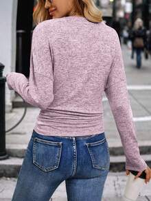 EMERY ROSE 女式 V 领长袖休闲舒适透气 T 恤，百搭 - 粉色 - 查看 2