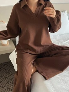 DAZY 女士极简针织上衣和裤子家居服套装，秋季睡衣，舒适秋冬装 - 棕色 - 查看 1