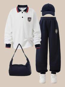 SHEIN Explorewe Tween Boy Casual Sports Preppy-Style Long-Sleeve Polo Shirt With Half-Open Collar And Horse Pattern Embroidery, Full-Match Comfort Design. Suitable For Outdoor Activities, School, Vacations, Gatherings, Home Wear, Spring, Summer, Short Trips, Holidays, Leisure Time, Sunbathing – 2025 Back-To-School Preppy And Campus Sports Attire. Fall Winter - White - View 7