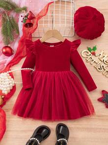 Vestido elegante y lindo de manga larga con malla y sombrero para bebé niña - Rojo - Ver 6