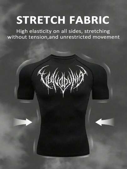 Manfinity Sport Corelite Men's Gothic Print Raglan Sleeve Short Sleeve Casual Fitness Workout T-Shirt Workout Tops Compression Shirt Breathable Fitted Shirt Crew Neck