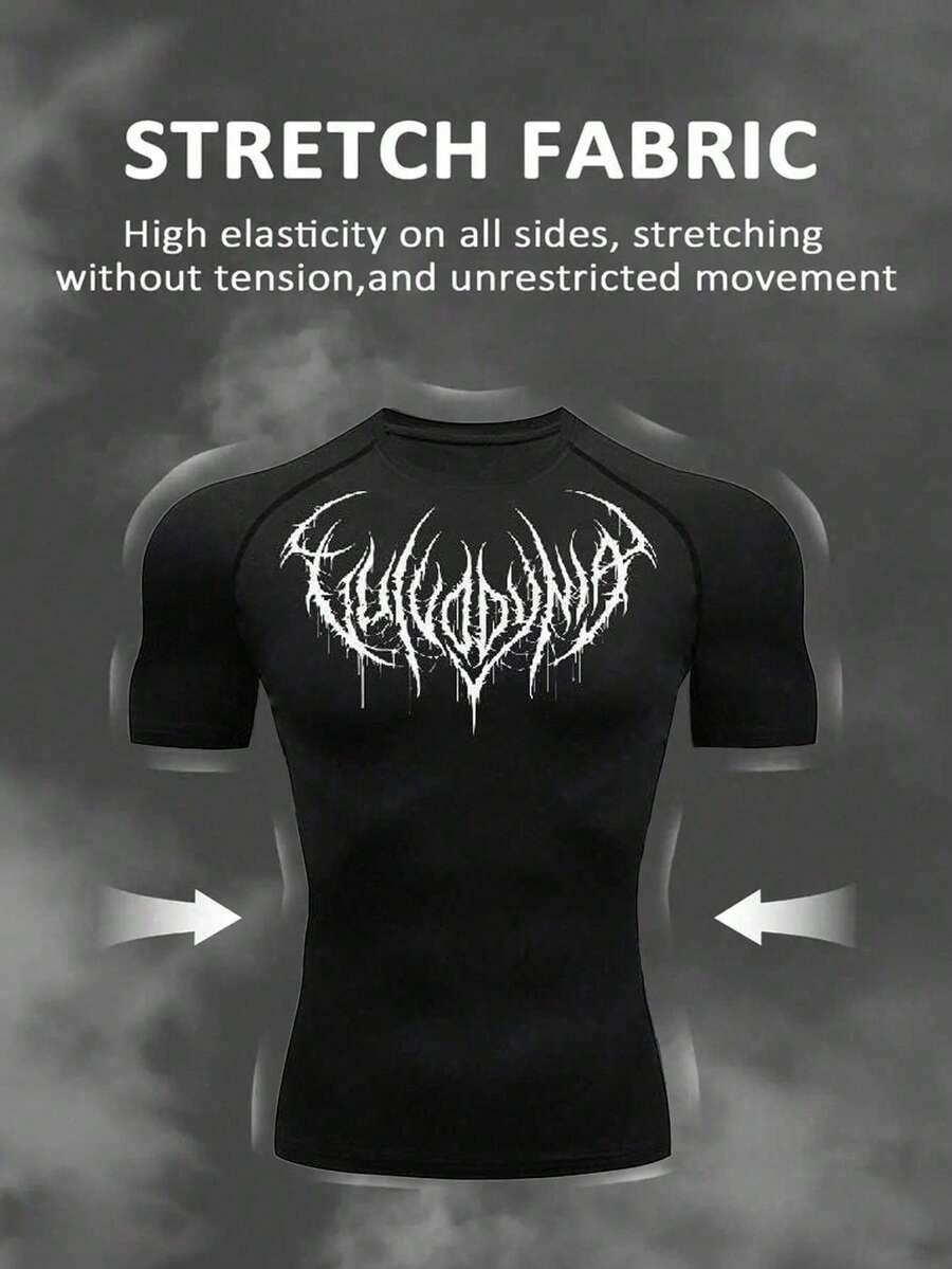 Manfinity Sport Corelite 男式哥特印花插肩袖短袖休闲健身运动T恤运动上衣压缩衬衫透气修身圆领衬衫 - 黑色 - 查看 1