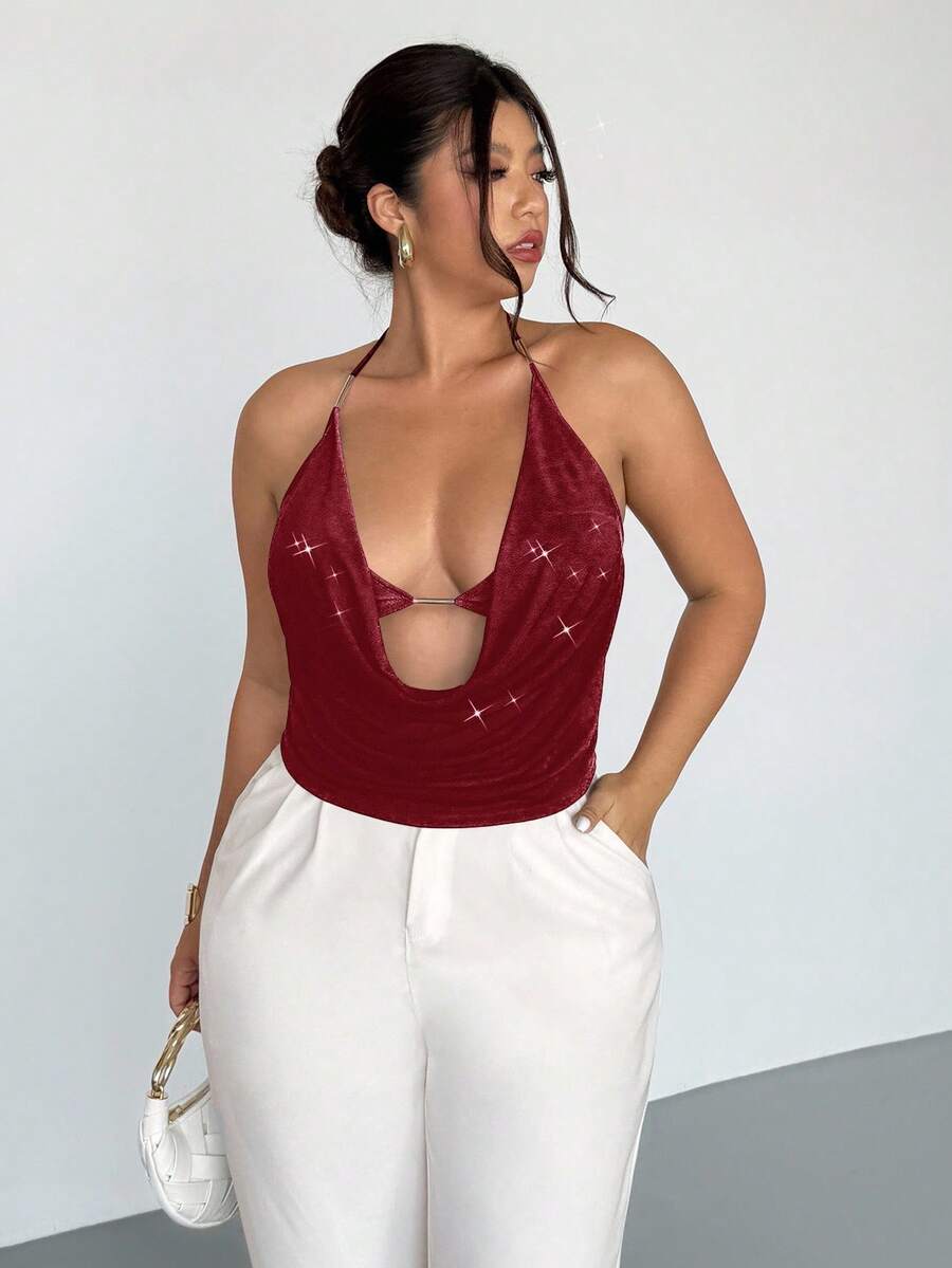 Firerie Sexy Draped Neck Cropped Camisole Top With Metal Decor, Suitable For Commute, Party, Back To School, Music Festival, Vacation, Elegant Plus Size Camisole Top For Valentine's Day, Concerts, Performances, Dates, Formal Events, Weddings Wine Red Top Burgundy Top Dark Red Top Red Top Red Deep V Top New Year - Burgundy - View 1